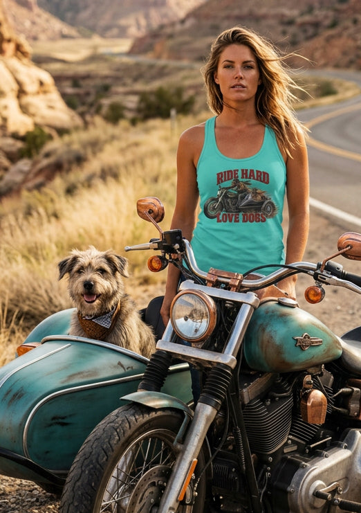 Ride Hard & Love Dogs women's racerback tank top in Tahiti Blue, front view, by HawgDog Gear