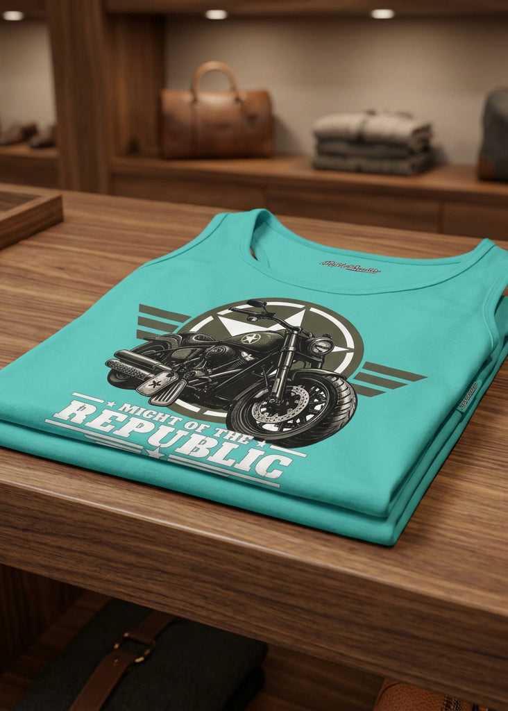 Might of the Republic women's racerback tank top in Tahiti Blue, front view, by HawgDog Gear