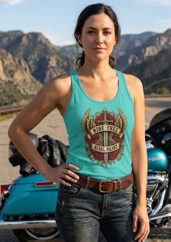 Ride Free Rebel Heart women's racerback tank top in Tahiti Blue, front view, by HawgDog Gear