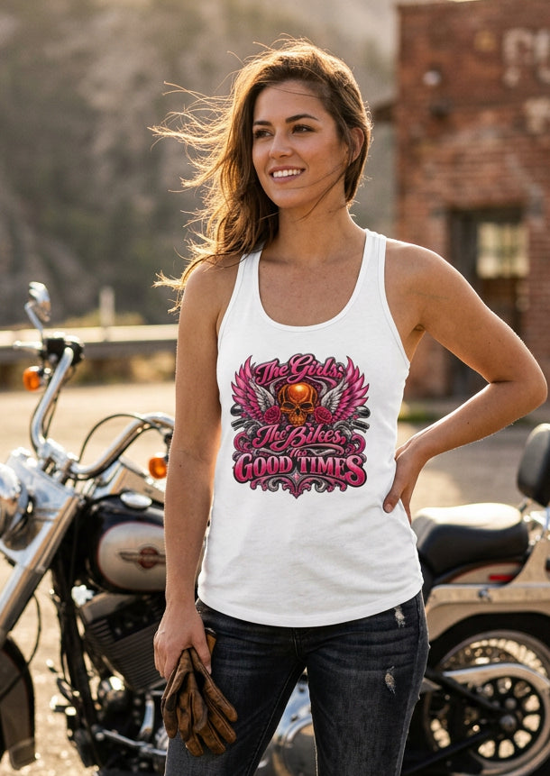 The Girls The Bikes The Good Times women's racerback tank top in White, front view, by HawgDog Gear
