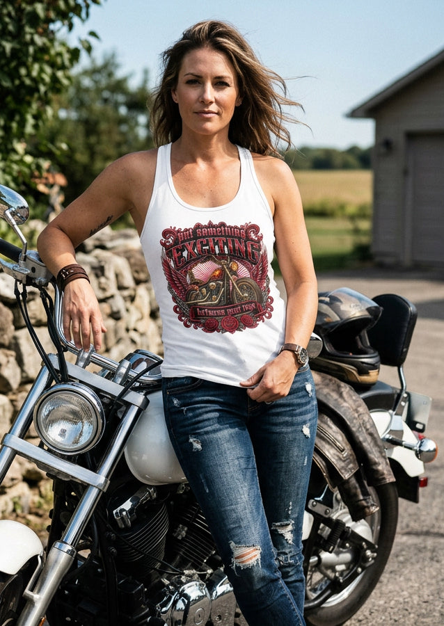 Put Something Exciting Between Your Legs women's racerback tank top in White, front view, by HawgDog Gear