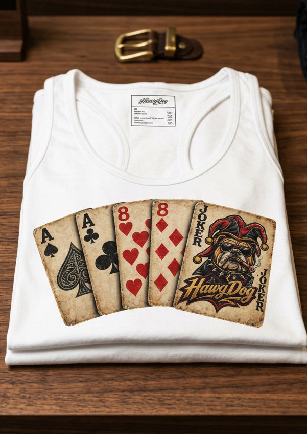 Ded-Dog women's racerback tank top in White, front view, by HawgDog Gear