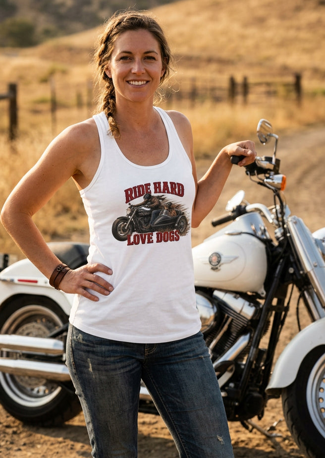 Ride Hard & Love Dogs women's racerback tank top in White, front view, by HawgDog Gear