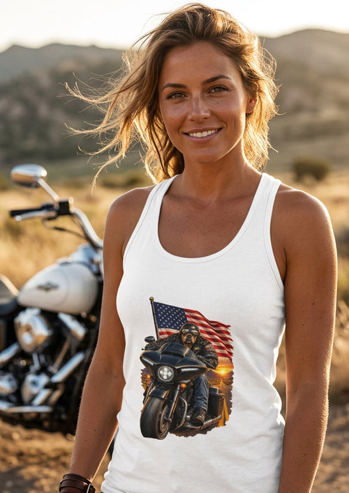 American Dog women's racerback tank top in White, front view, by HawgDog Gear